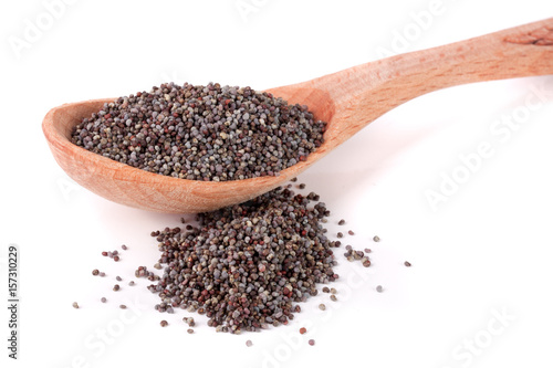 poppy seeds in a wooden spoon isolated on white background