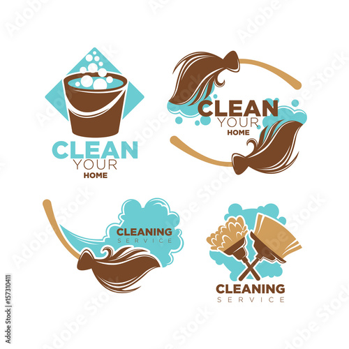 Home cleaning service vector icons set of brooms and duster brushes