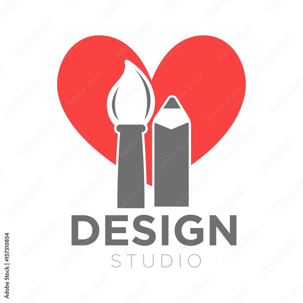 Design studio vector icon template of paintbrush and pencil on heart Design studio vector icon template of paintbrush and pencil on heart