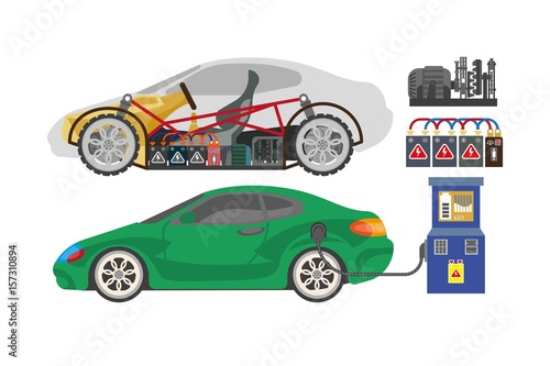 Electrocar or electric car automobile vehicle mechanism details vector flat design