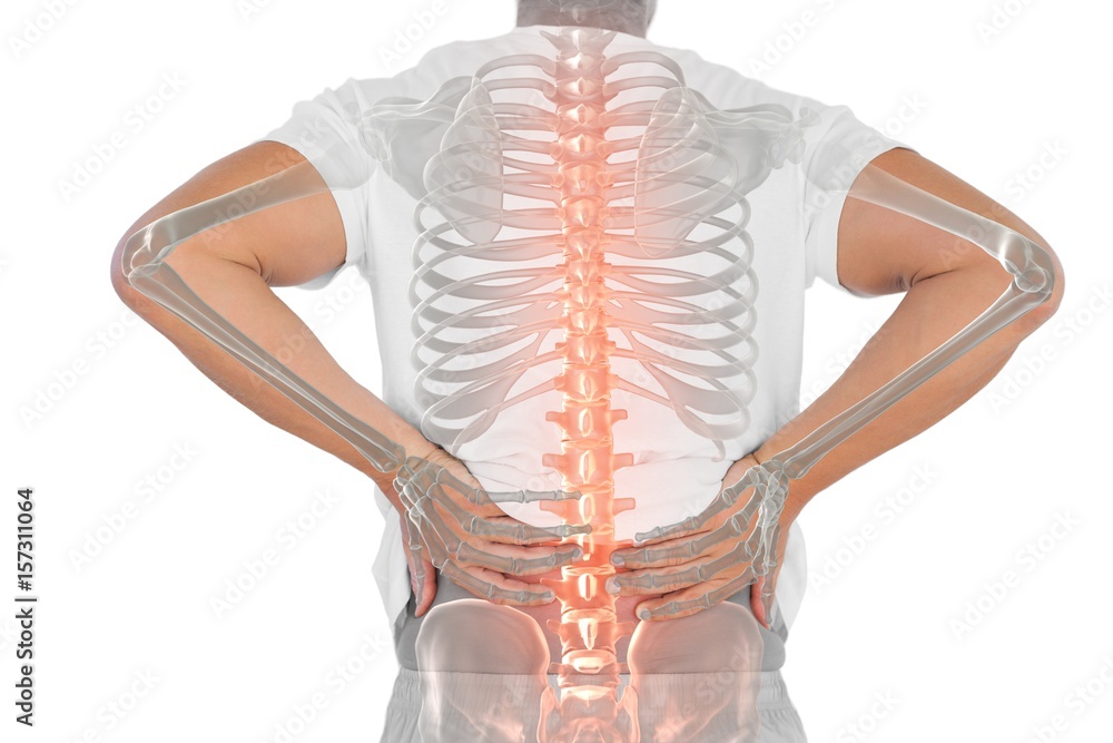 Digital composite of highlighted spine of man with back pain - obrazy, fototapety, plakaty 