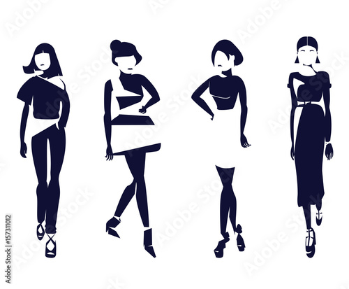 Black and white fashion silhouettes of stylish women walking at catwalk. Vector illustration set with different styles of clothes and hairstyle. Isolated women in casual and evening collections.