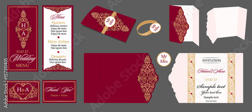 Wedding card collection -  menu, bar menu, invitation, table cards. Templates with gold patterned and crystals on paper color. DIY invitation. Marsala royal color 