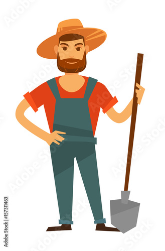 Farmer man with spade in hat, vector farm agriculture