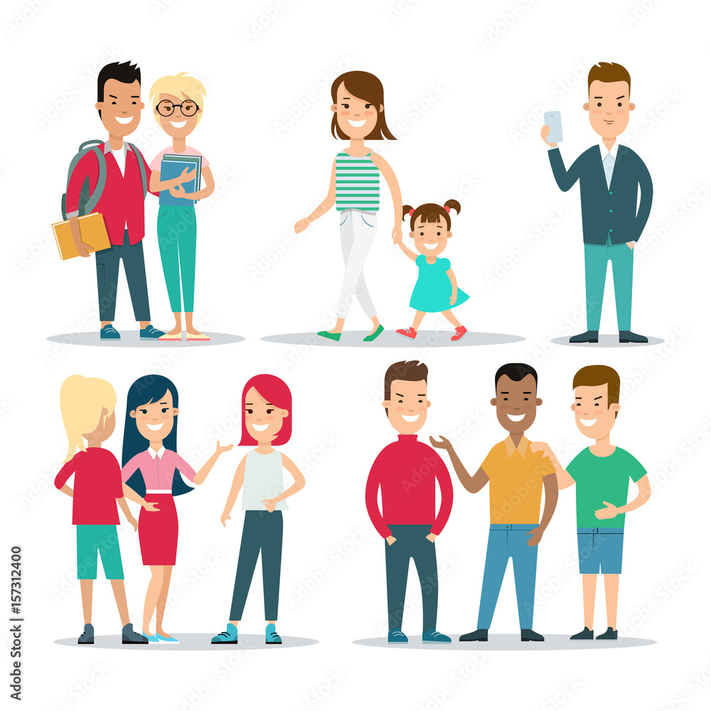 Obraz premium Flat male smartphone woman girl vector set. Social concept.
