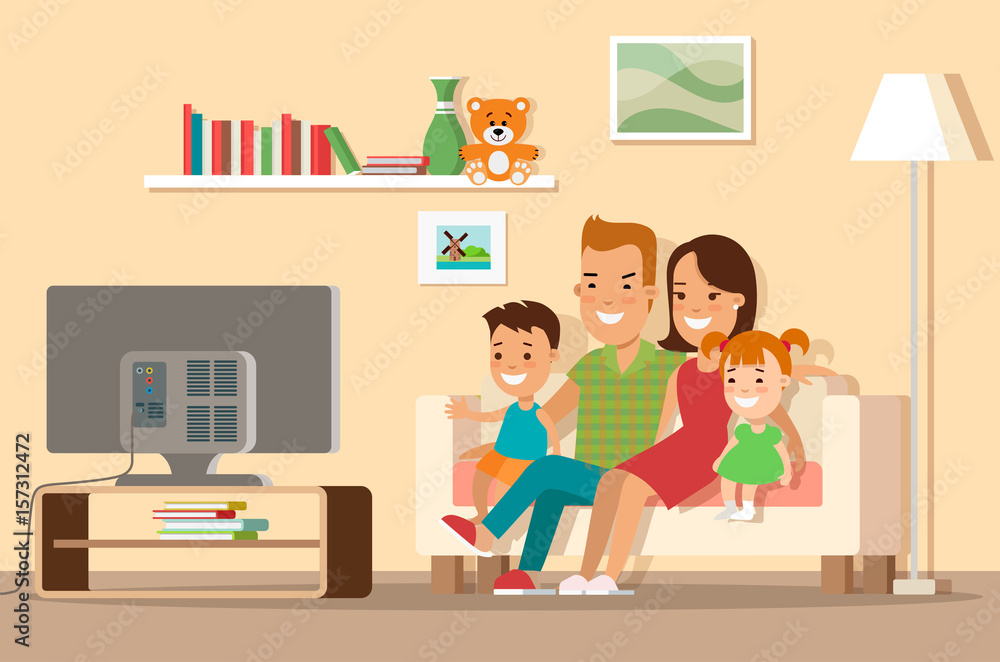 Flat family watching TV vector illustration. Shopping concept. Flat family watching TV vector illustration. Shopping concept.