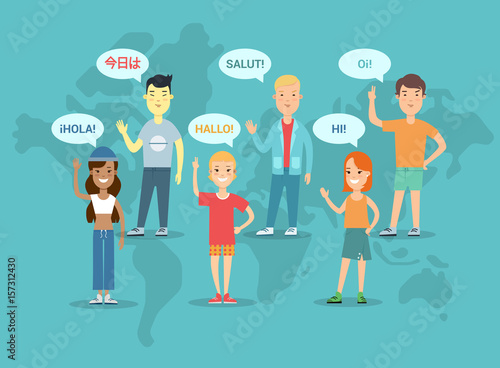 Flat teens world map background vector. Global communications.