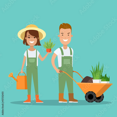 Flat Young man woman plant cart vector. Gardening concept.