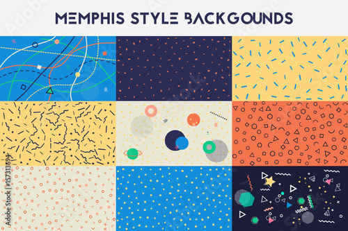 Set of Hipster fashion memphis style backgrounds. Trendy grunge geometric print. Vector illustration.