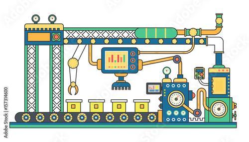 Industrial conveyor belt machine and manufacture machinery factory flat line vector illustration.