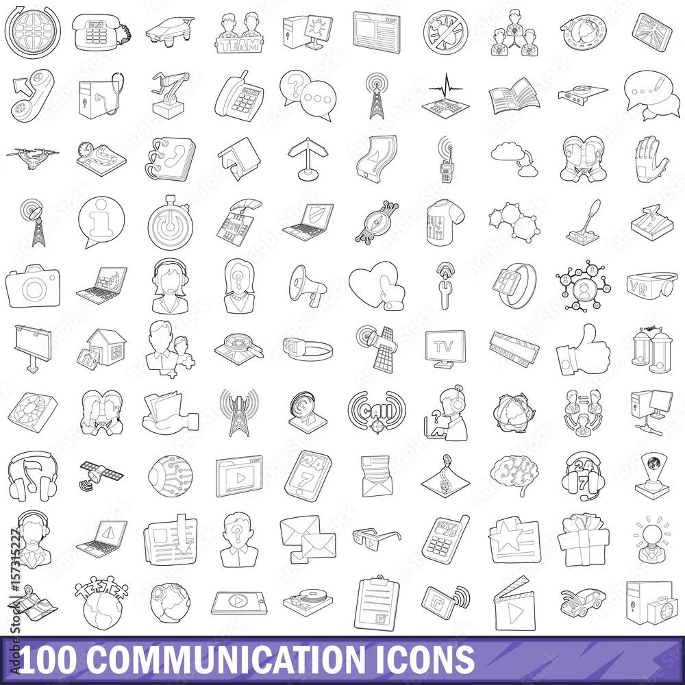 100 communication icons set, outline style