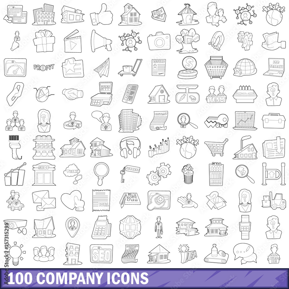 100 company icons set, outline style