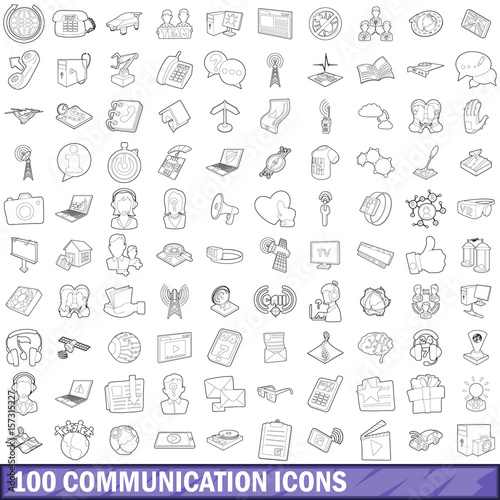 100 communication icons set  outline style