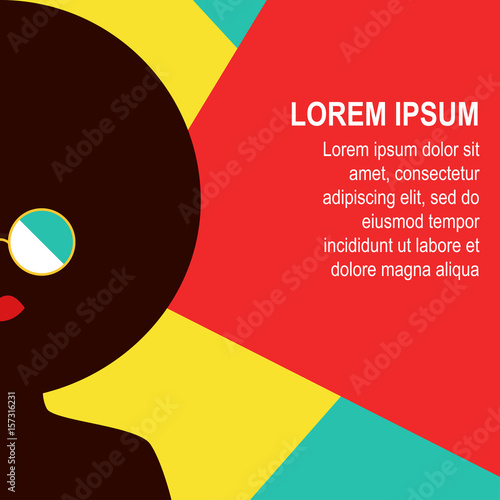 Summer beach girl African girl in round sunglasses on a colorful geometric background Poster template in modern style Vector illustration