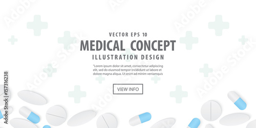 Banner frame capsules medicine and pills top view illustration vector on white background. Health concept.