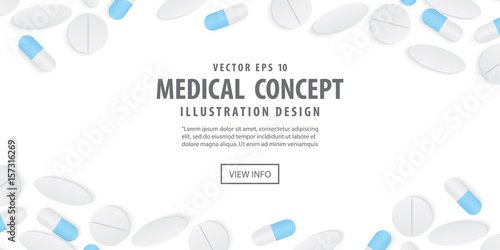Banner frame capsules medicine and pills top view illustration vector on white background. Health concept.