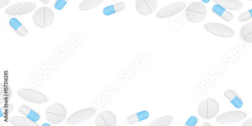 Blank frame capsules medicine and pills top view illustration vector on white background. Health concept.