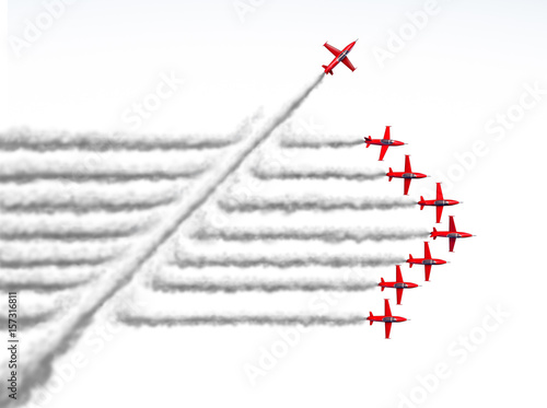 Bild auf Leinwand Disruptor and game changer or change concept and disruptive innovation symbol and be an independent thinker with new ideas as an individual jet breaking through a group of airplane smoke on white