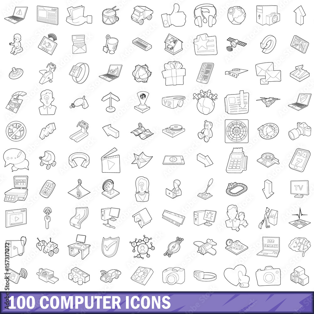 100 computer icons set, outline style