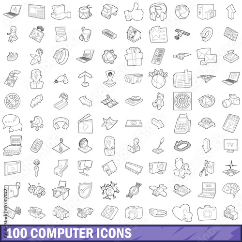 100 computer icons set  outline style