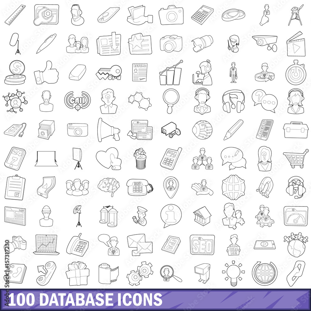 100 database icons set, outline style 100 database icons set, outline style