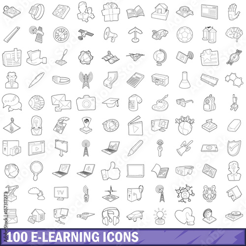 100 e-learning icons set  outline style