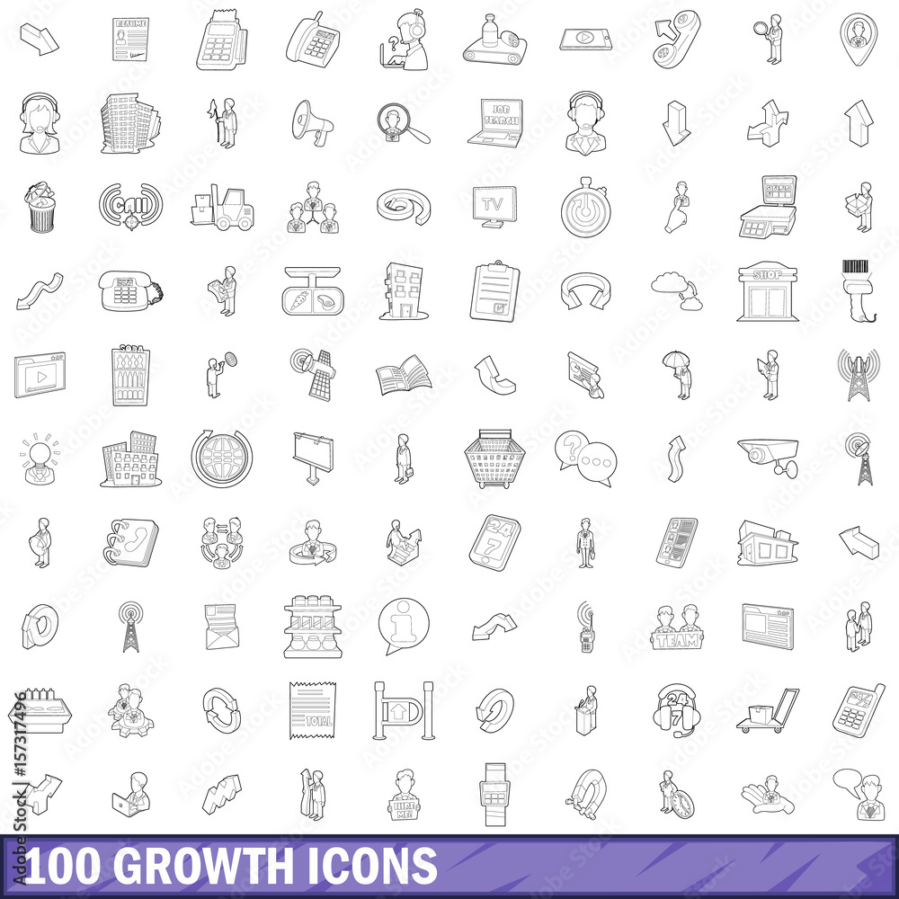 100 growth icons set, outline style