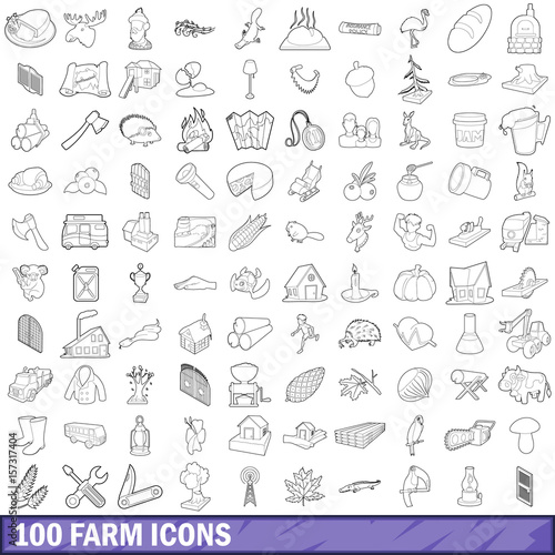 100 farm icons set, outline style