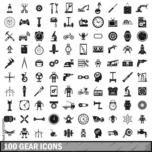 100 gear icons set, simple style 
