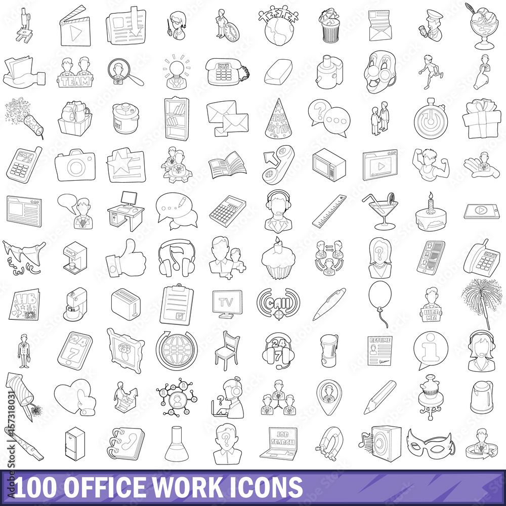 100 office work icons set, outline style