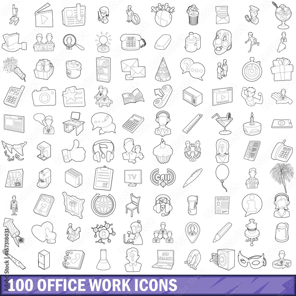 100 office work icons set, outline style 100 office work icons set, outline style