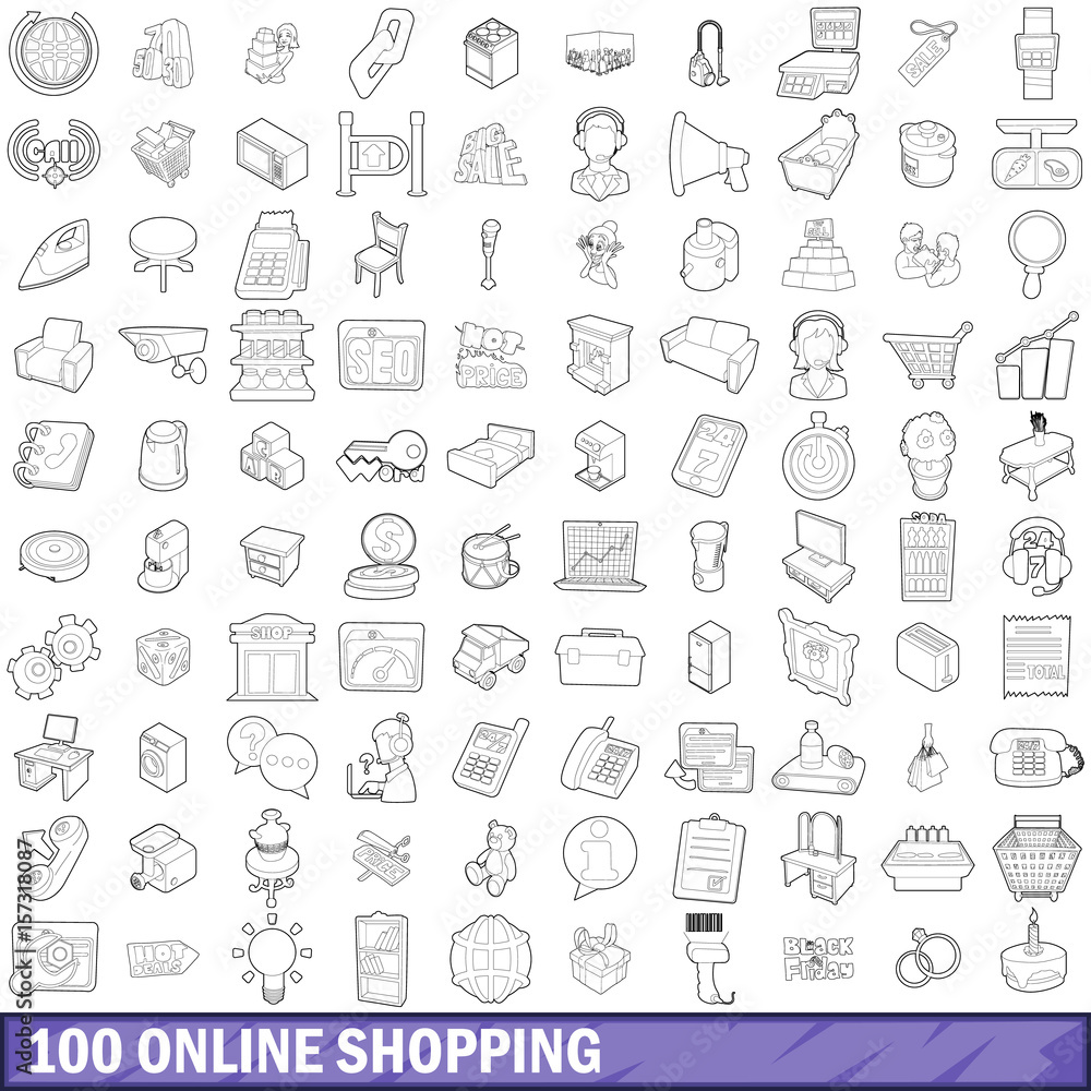 100 online shopping icons set, outline style 100 online shopping icons set, outline style
