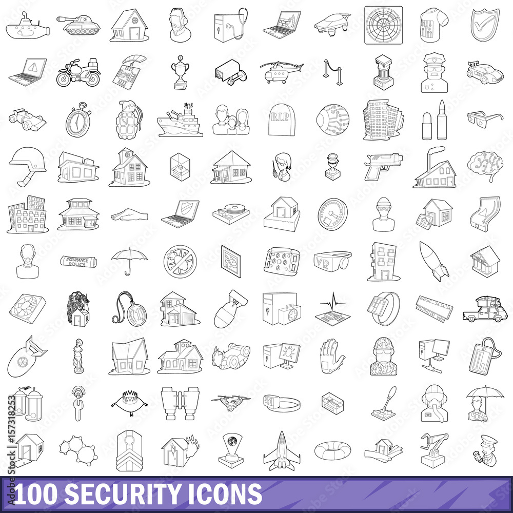 100 security icons set, outline style 100 security icons set, outline style