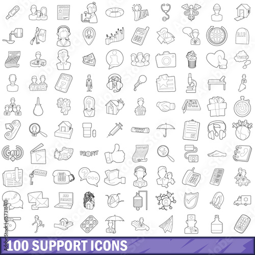 100 support icons set, outline style