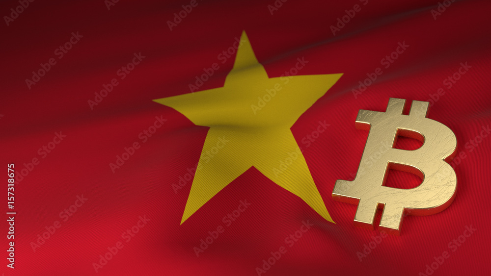 Bitcoin Currency Symbol on Flag of Vietnam Bitcoin Currency Symbol on Flag of Vietnam