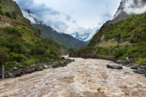 Crossing the Urubamba River in the beginning of the Inca Trail in the Sacred Valley, Peru