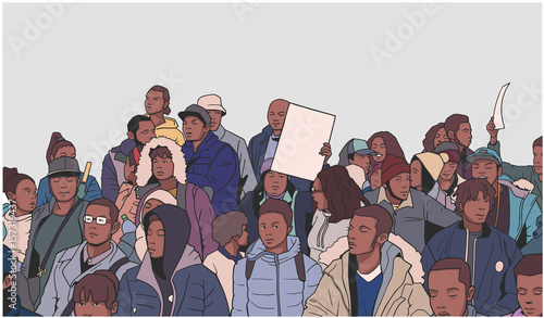 Illustration of mixed ethnic crowd demonstrating for human rights with balnk signs