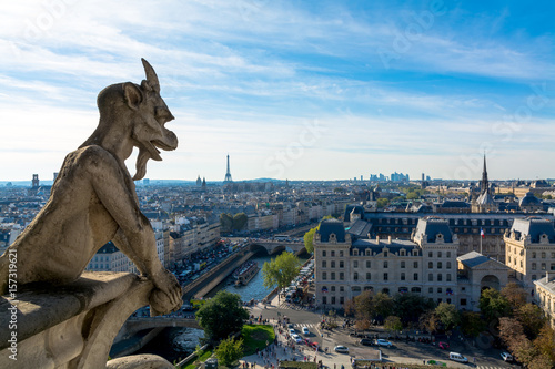 Side View of Notre Dame Gargoyle Against City Streets and River