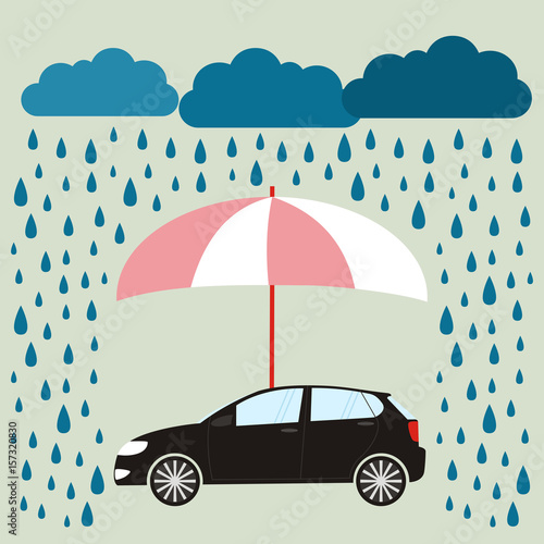 Pink umbrella protecting car against rain, flat style. Safety, insurance, risk concept