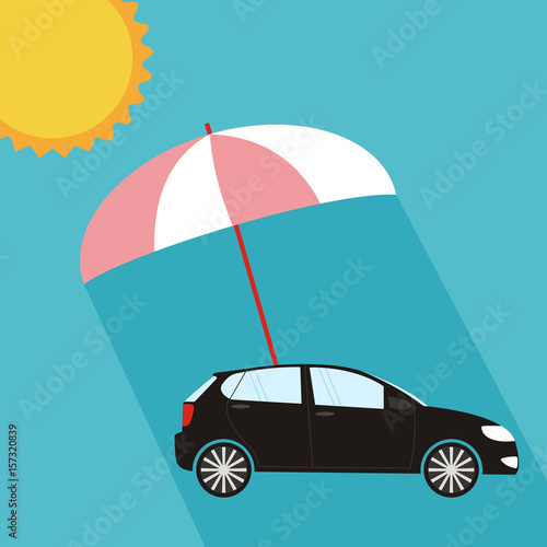 Pink umbrella protecting car against sun, flat style. Safety, insurance, risk concept