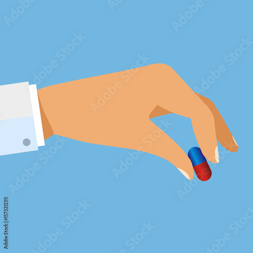Taking the pills. Doctor hand holding capsule, tablet. Medical treatment concept. Healthcare. vector illustration in flat design.