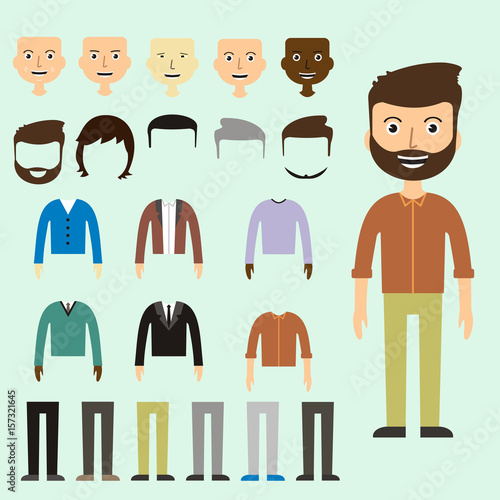 Vector set of dress up constructor with different men in trendy flat style. Flat man faces icon creator