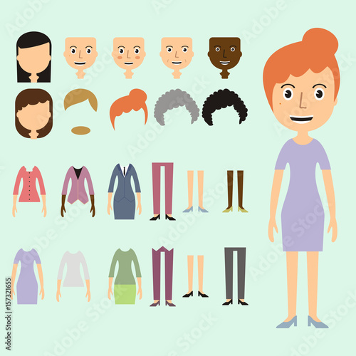 Vector set of dress up constructor with different business women haircuts, lips, dress, wear, in trendy flat style. Flat faces icon creato