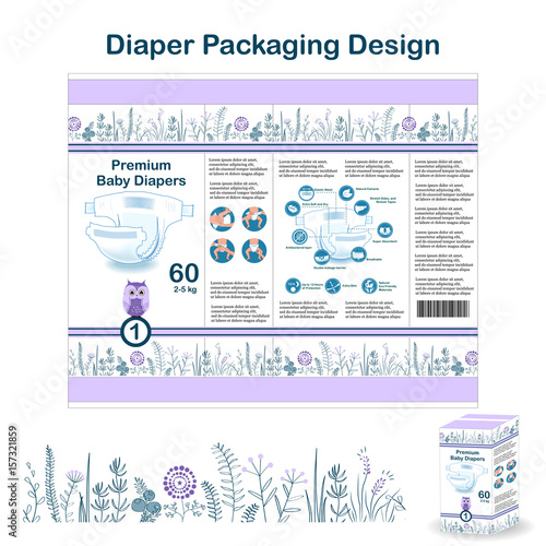 Diaper packaging design elements in doodle forest style. Nappy pakaging design for size 1, with floral border and owl.