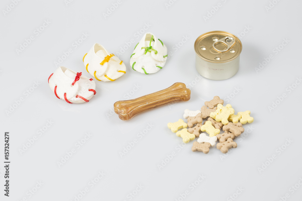Dog food, treats on white background, top view Dog food, treats on white background, top view