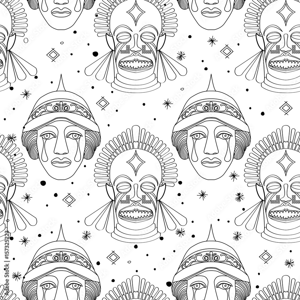 Obraz premium Seamless outline tribal mask pattern 34