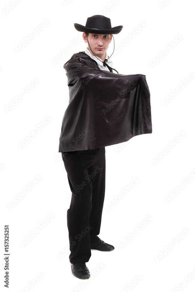 man wearing a zorro costume posing, isolated on white