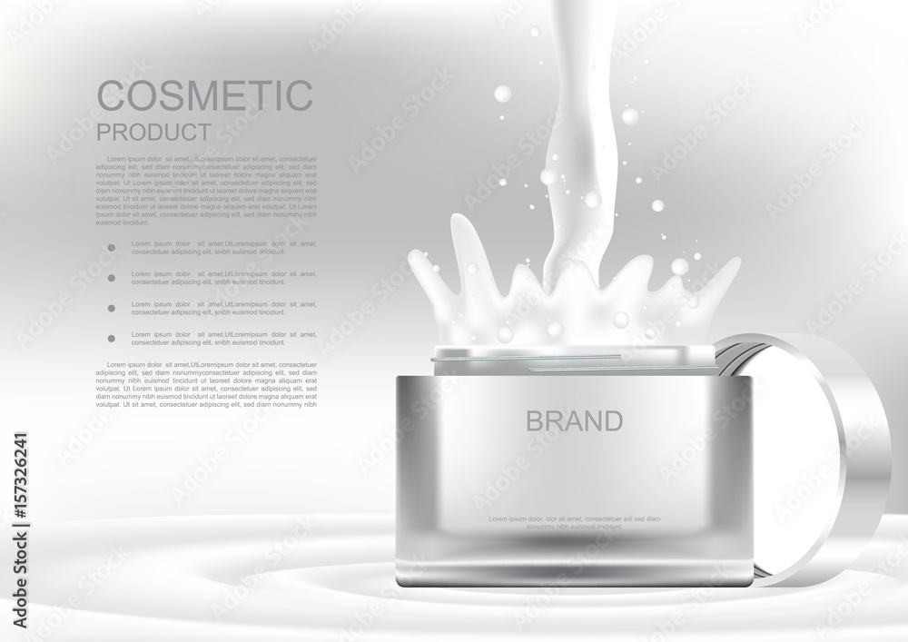Opened cosmetic jar and pouring cream on gray background vector cosmetic ads