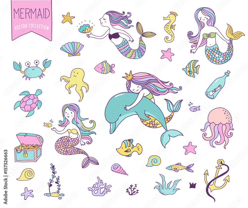 Obraz premium Under the sea - little mermaid, fishes, sea animals and starfish, vector collection