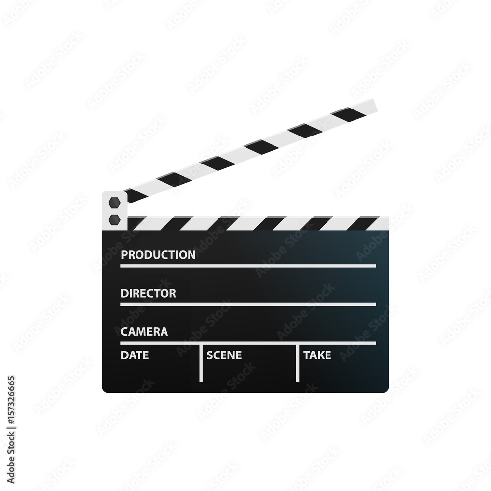 Vector isolated clapperboard on the white background. Concept of production and cinema.